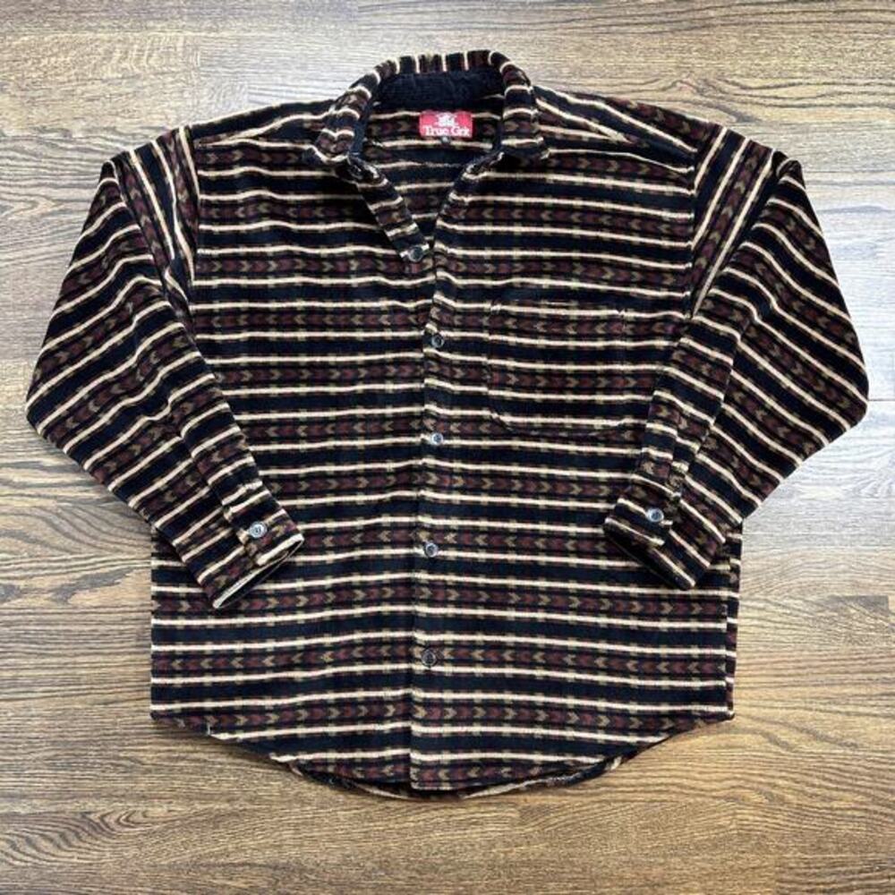 Vtg True Grit Shacket Mens XL Brown Aztec Southwestern Cabin Core Button Front